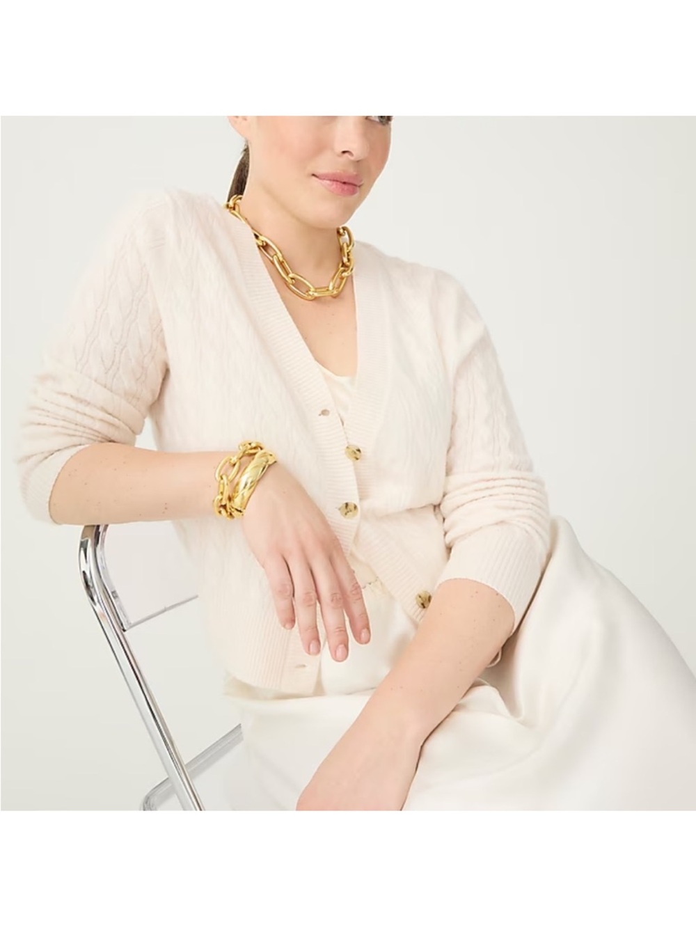 J Crew Cashmere Soft Cream V-Neck Cable Knit Cardigan Sweater